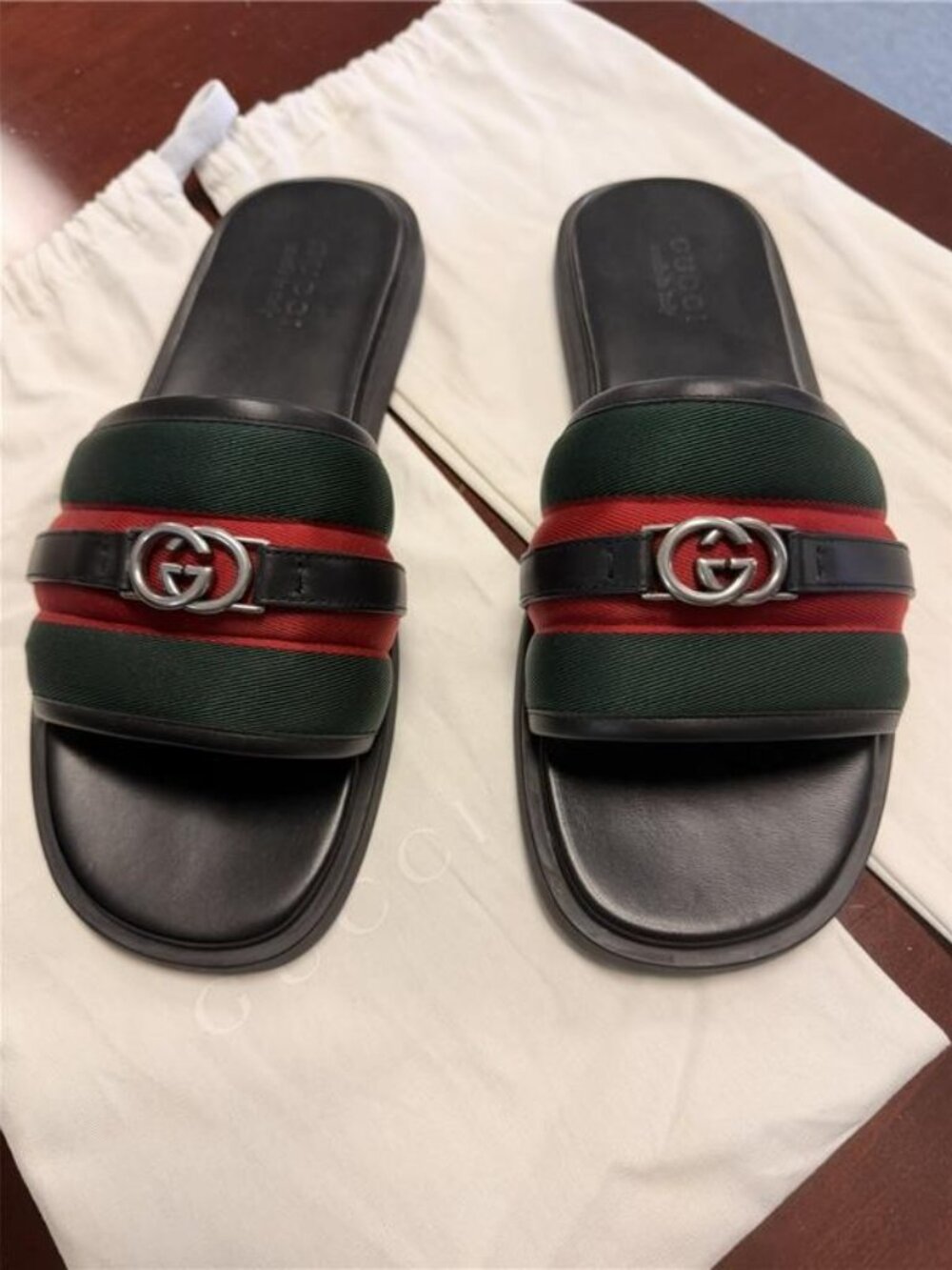 Gucci Men’s Size 11 Web Slide Sandals Black Leather GG Logo Green Red Stripe - Picture 9 of 10